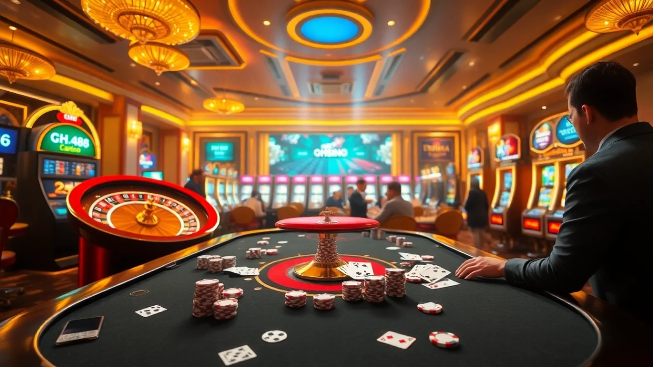 Exciting QH88 casino scene featuring roulette, poker cards, and vibrant slot machines.