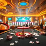 Exciting QH88 casino scene featuring roulette, poker cards, and vibrant slot machines.