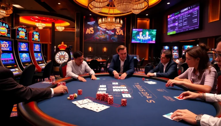 Crown88 players enjoying a high-energy poker game at a luxurious casino setting.
