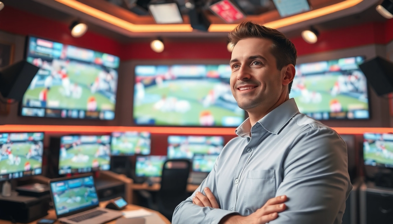 Engaging sports broadcasting scene featuring a confident broadcaster analyzing live events in a dynamic studio.