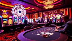 Atmosphère ludique captivante présentant le Meilleur Casino en Ligne Français avec des tables de poker, des machines à sous dynamiques et des roues de roulette.