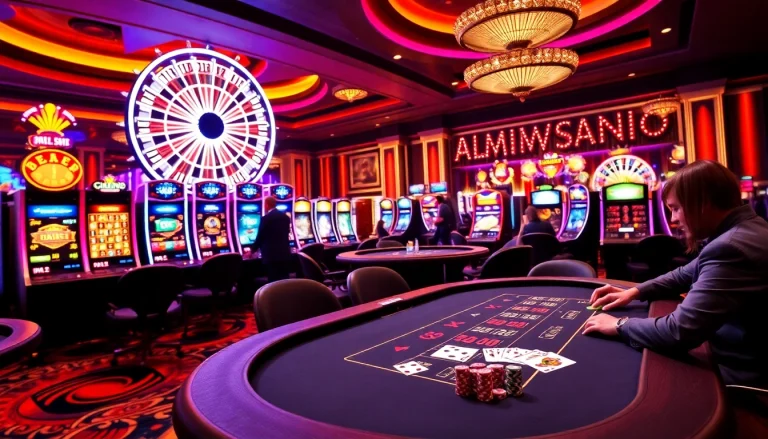 Atmosphère ludique captivante présentant le Meilleur Casino en Ligne Français avec des tables de poker, des machines à sous dynamiques et des roues de roulette.