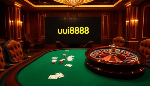 A thrilling casino scene featuring the "uu8888" logo, poker chips, and vibrant roulette wheel.
