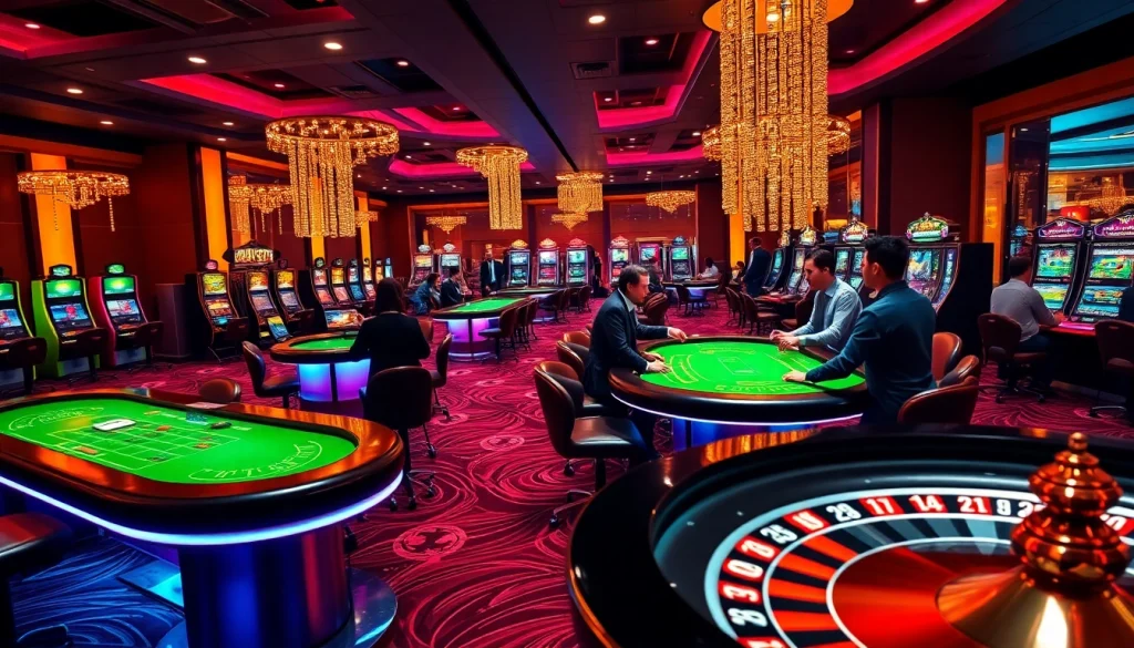 Exciting scene of players engaging in casino crypto en ligne, showcasing vibrant tables and slot machines.