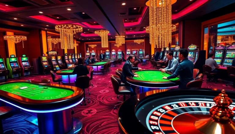 Exciting scene of players engaging in casino crypto en ligne, showcasing vibrant tables and slot machines.