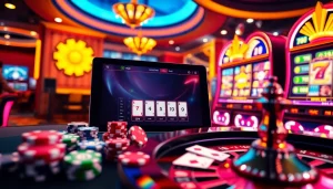 Exciting gaming scene illustrating the meilleur casino en ligne france with poker, slots, and roulette.