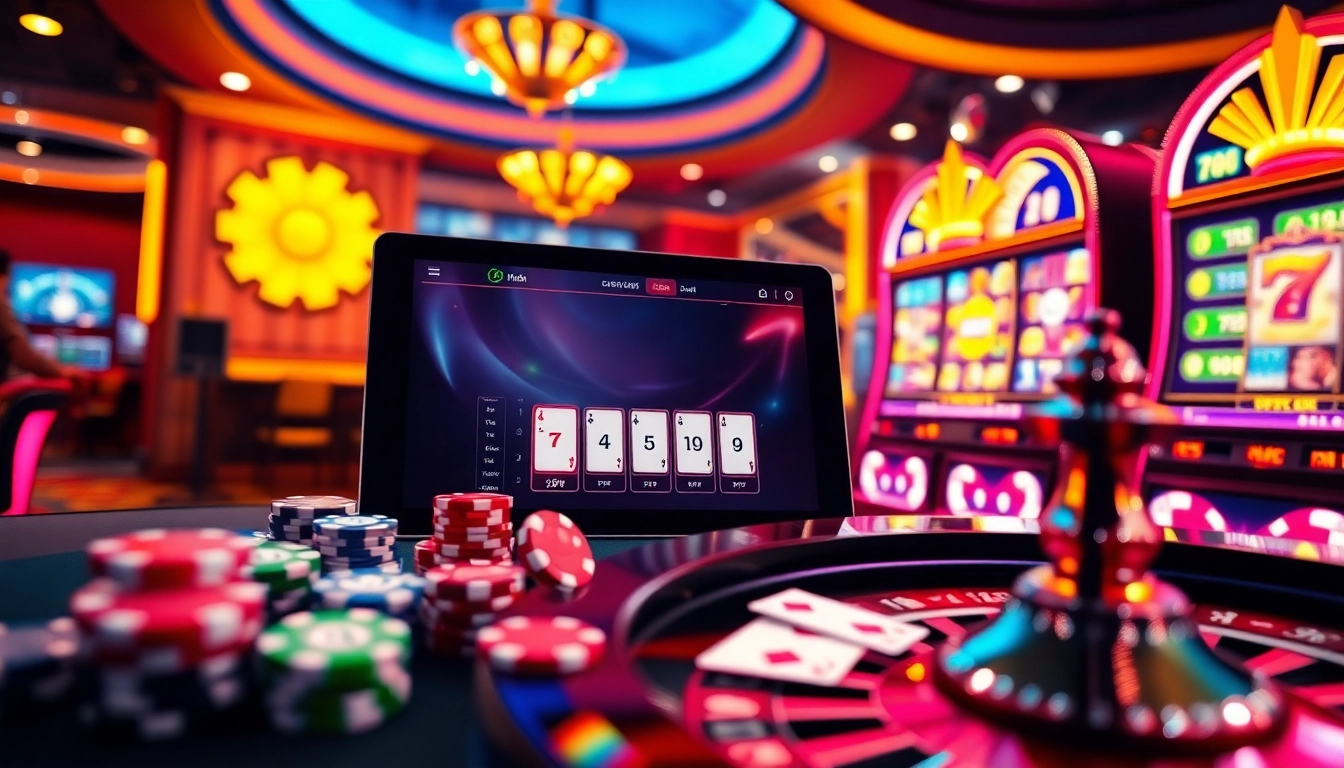 Exciting gaming scene illustrating the meilleur casino en ligne france with poker, slots, and roulette.