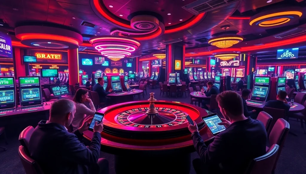 Les jeux de casino crypto avec des joueurs utilisant des appareils numériques dans une ambiance dynamique.