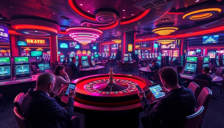 Les jeux de casino crypto avec des joueurs utilisant des appareils numériques dans une ambiance dynamique.