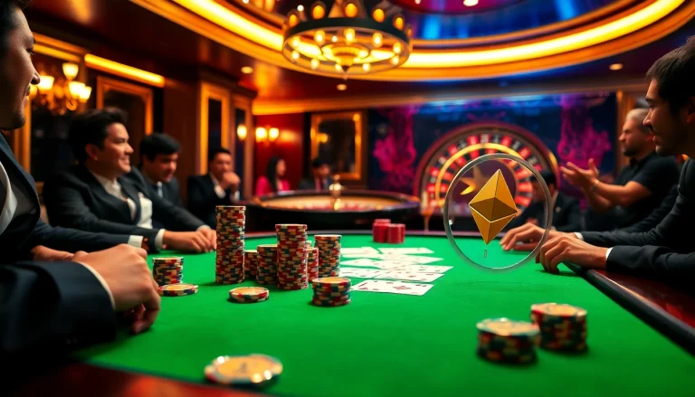 Exciting poker game at a luxury casino, highlighting paris sportif crypto 2026 with vibrant atmosphere and high-stakes action.