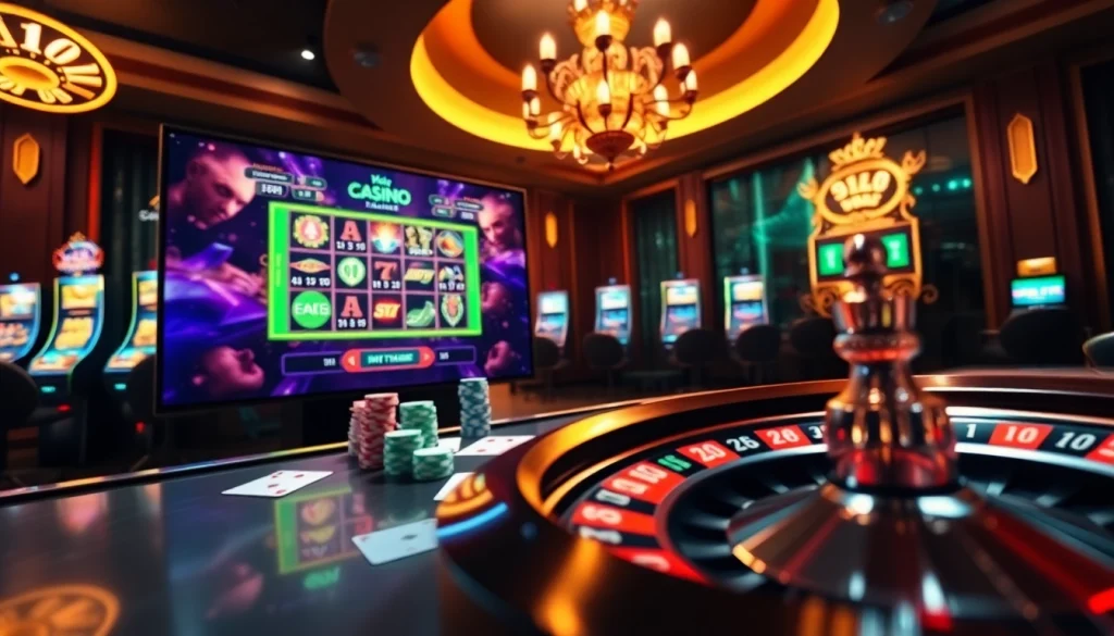 An exciting online gambling scene featuring casino elements for https://789winlink.net/, showcasing slot machines, poker chips, and a roulette wheel.