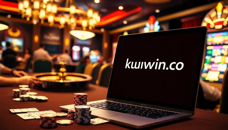 Experience thrilling gameplay at kuwin2.co with a luxurious casino setup showcasing poker chips and a roulette wheel.
