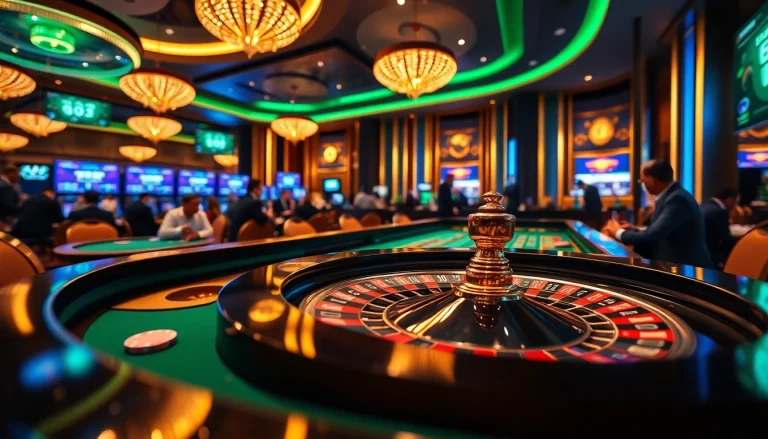 Jouer à casino crypto sur une table élégante avec des lumières brillantes et des écrans digitaux.