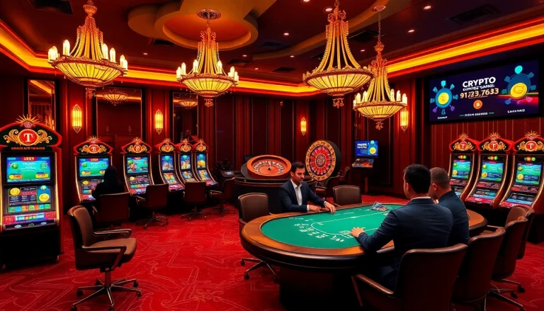 Engage in high-stakes casino crypto gaming amidst luxurious settings with poker tables and dazzling slot machines.
