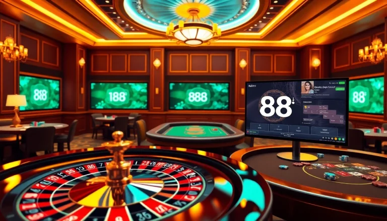 Online gambling excitement at 88i with luxurious tables, roulette wheel, and vibrant colors.