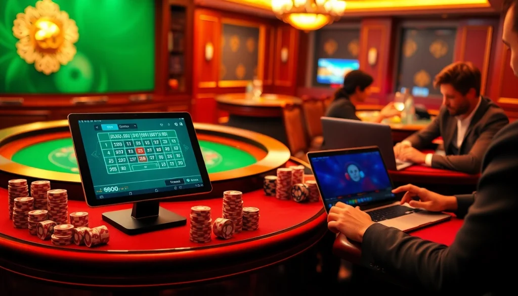 Experience the thrill of tai xiu online gaming in a luxurious casino setting filled with excited players and vibrant visuals.