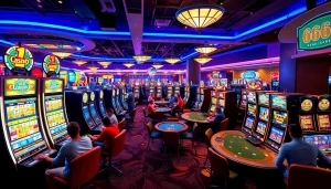 Jouez à casino en ligne dans un environnement vibrant avec lumières et jeux.