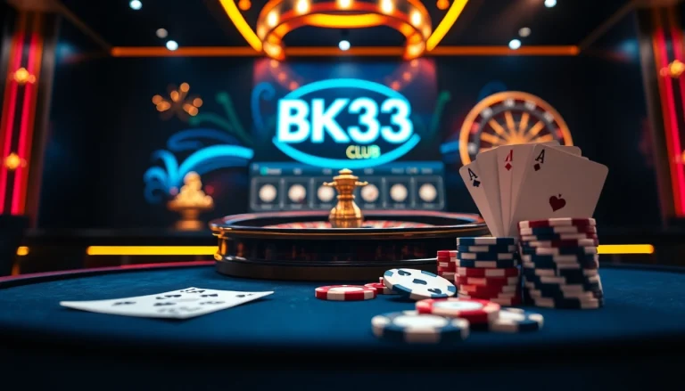 A thrilling online gaming experience at Bk33 club, showcasing casino elements like roulette and poker chips.