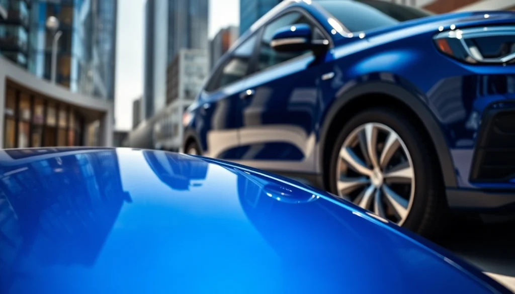 Apply paint protection film near me for a glossy vehicle finish against an urban backdrop.