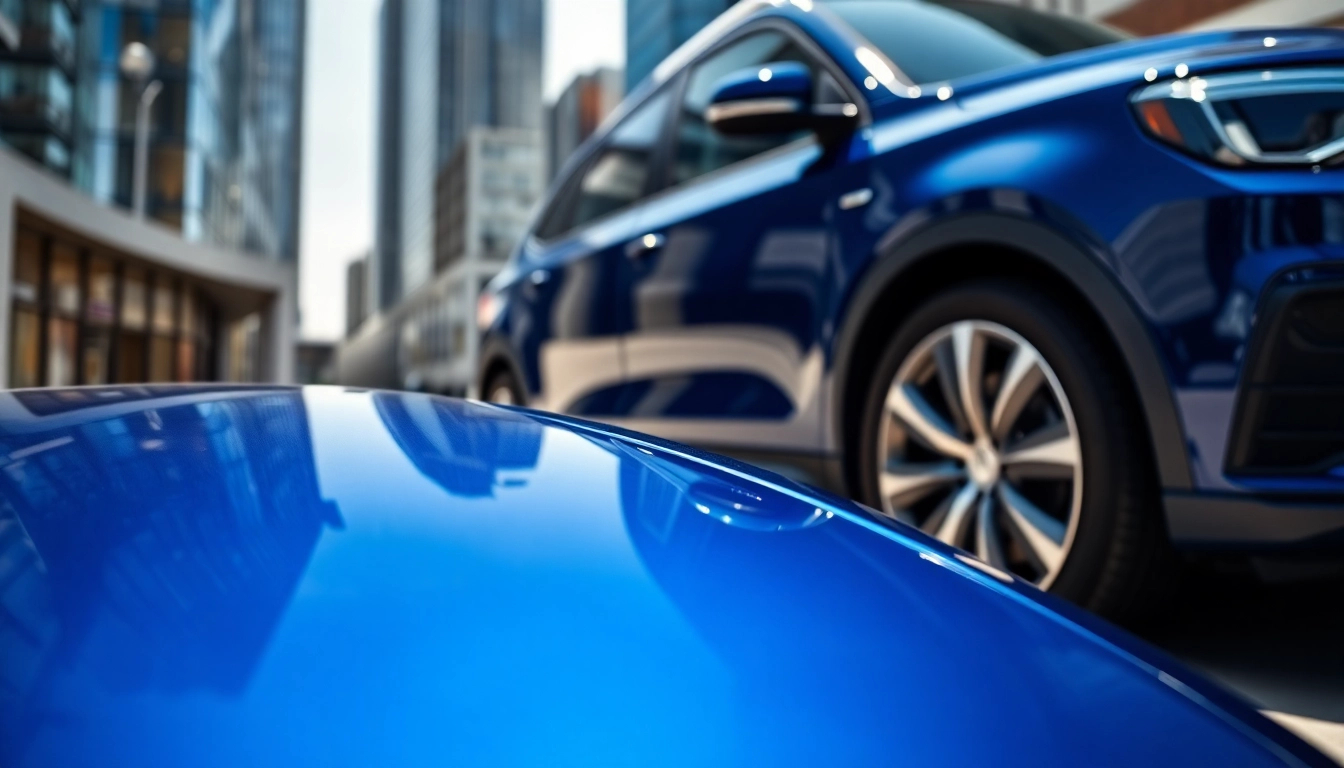 Apply paint protection film near me for a glossy vehicle finish against an urban backdrop.