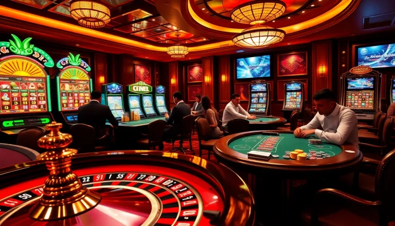 Players enjoying casino crypto games in a luxurious environment filled with poker chips and slot machines.