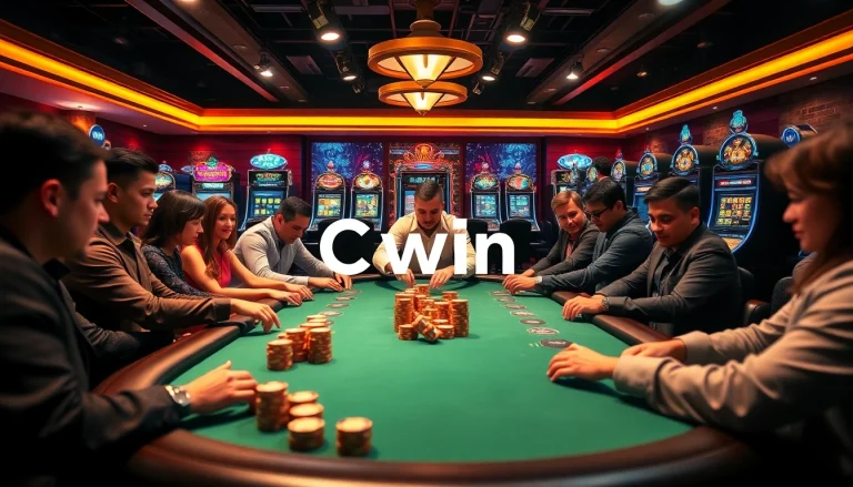 Players enjoying a thrilling poker game at a luxurious casino featuring Cwin branded elements.