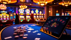 Experience thrilling gambling action with link S8 among colorful poker chips and gleaming slot machines.