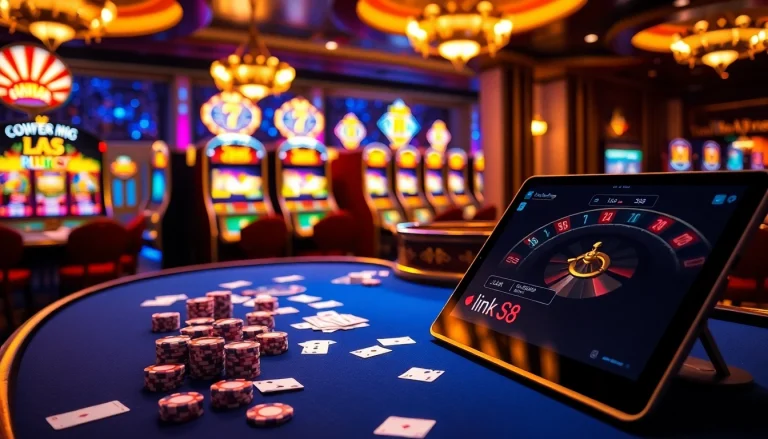 Experience thrilling gambling action with link S8 among colorful poker chips and gleaming slot machines.
