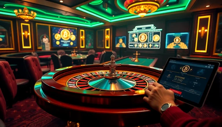 Vivez l'excitation du casino crypto avec des joueurs autour d'une table de roulette dynamique.