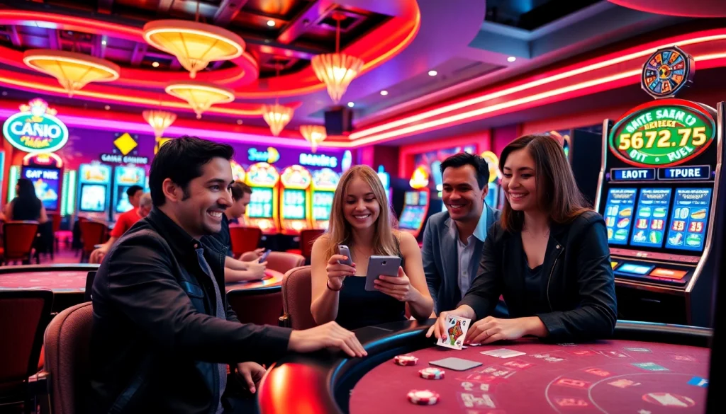 Jouez à casino en ligne dans une ambiance fébrile, avec des joueurs heureux autour des tables de jeux.