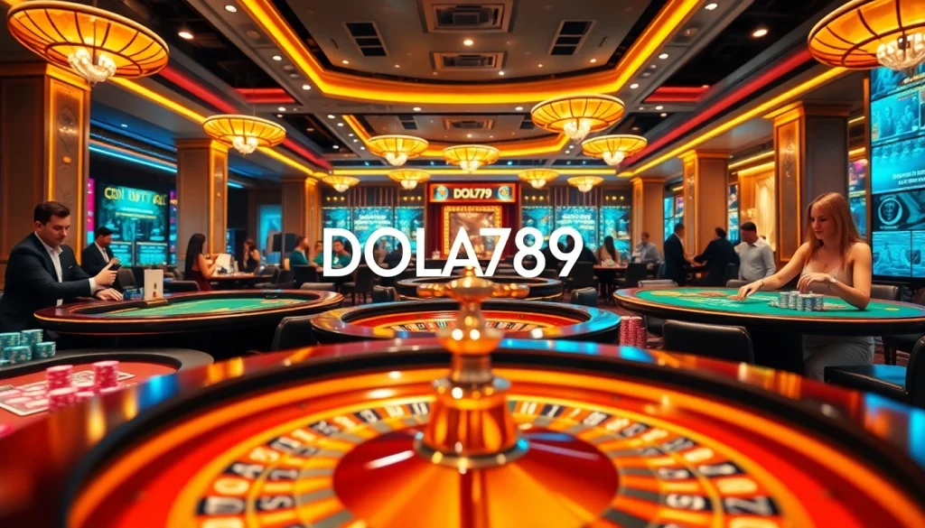 DOLA789 casino scene with lively players at poker tables and roulette wheels in a vibrant, luxurious setting.