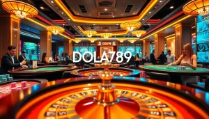DOLA789 casino scene with lively players at poker tables and roulette wheels in a vibrant, luxurious setting.