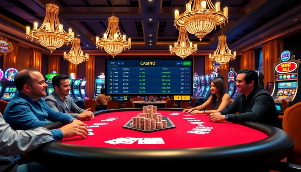 Engaging players at a casino crypto en ligne table with chips and cards, showcasing excitement.