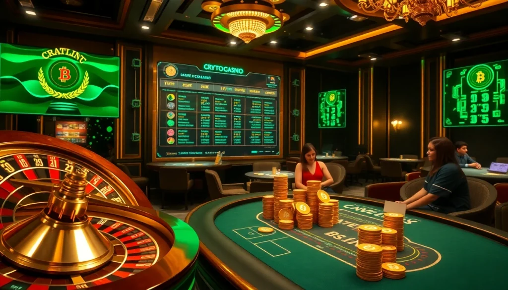 Join the excitement of casino crypto games featuring poker chips and a roulette wheel.