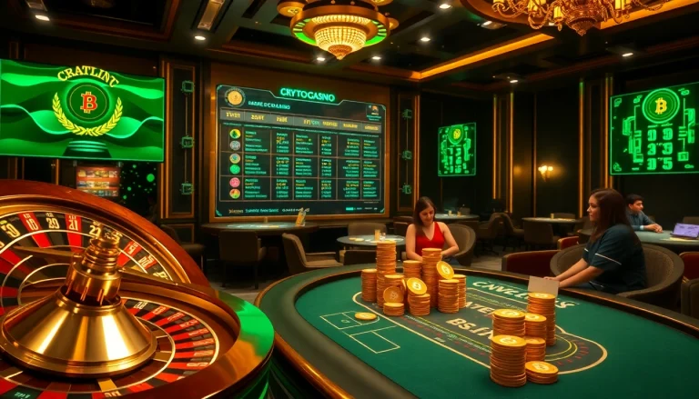 Join the excitement of casino crypto games featuring poker chips and a roulette wheel.