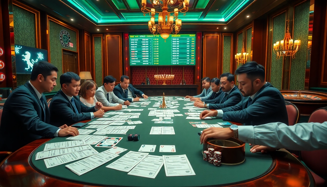 Engaging gamblers strategize kèo bóng đá bets at a luxurious casino.