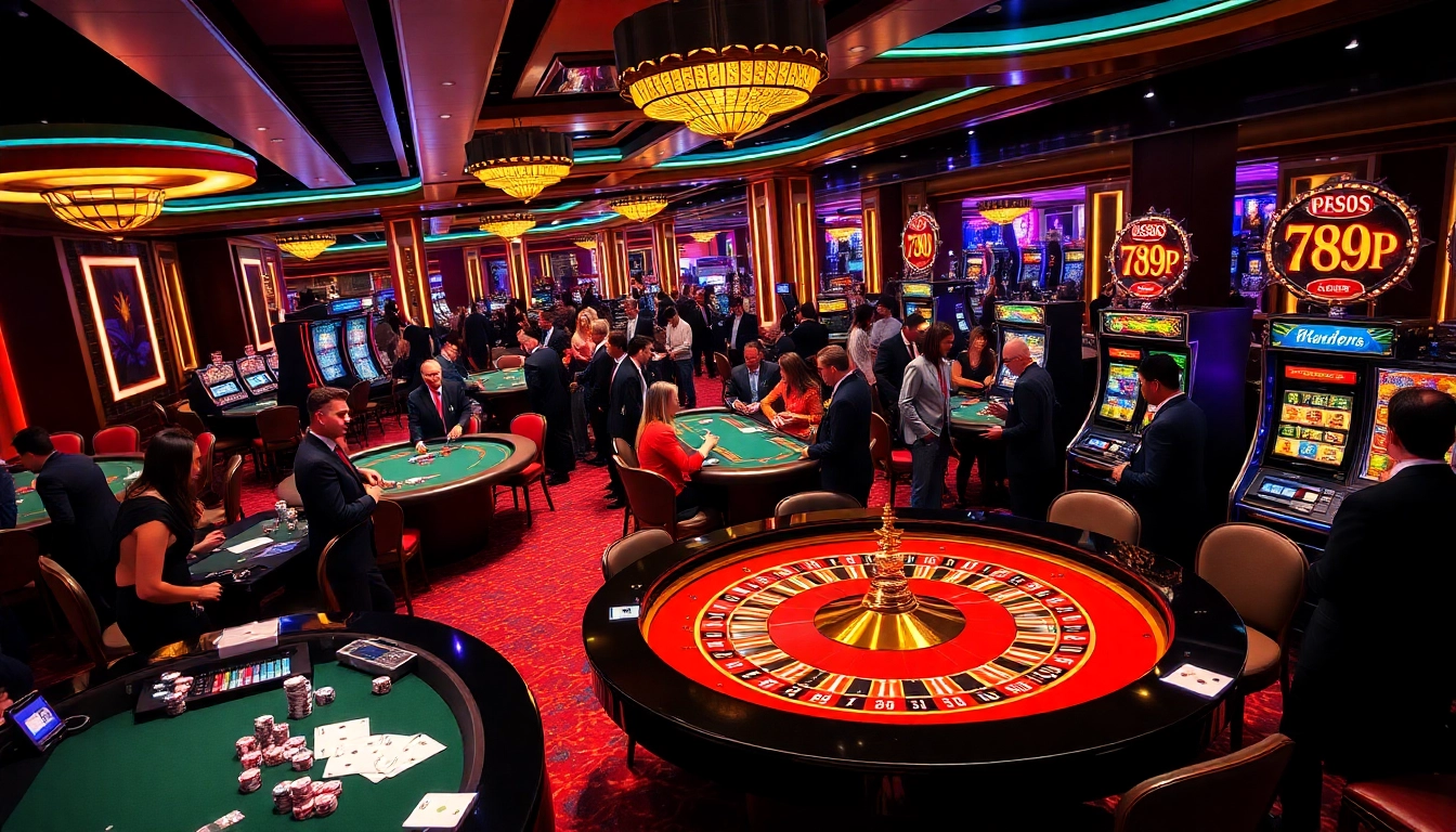 A lively scene of players enjoying high-stakes games at 789P casino with vibrant tables and slot machines.