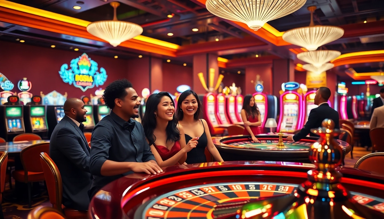 Découvrez le meilleur casino en ligne avec des joueurs heureux entourés de lumière et de glamour.