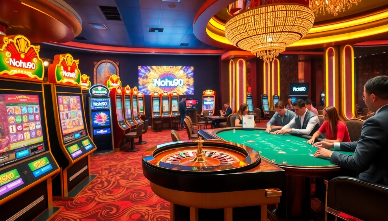 Nohu90 slot machines and poker games creating an excitement-filled atmosphere at a luxury casino.