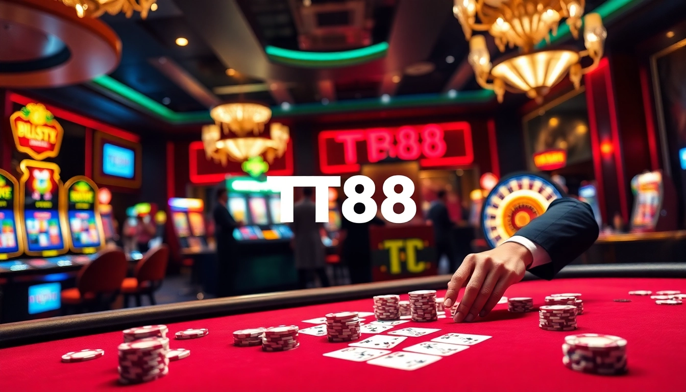 TT88 gaming experience at a lively casino table with poker chips and cards.