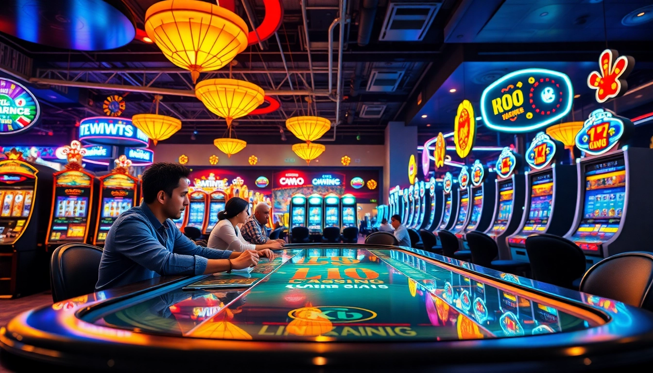 Jouant dans un casino en ligne France, joueurs concentrés et machines à sous lumineuses en arrière-plan.