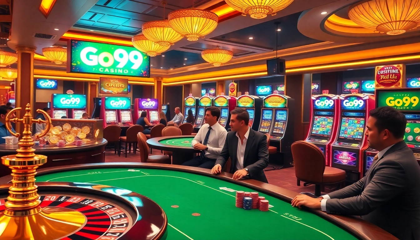 Go99 players enjoy exciting games at a vibrant casino with roulette and poker tables.