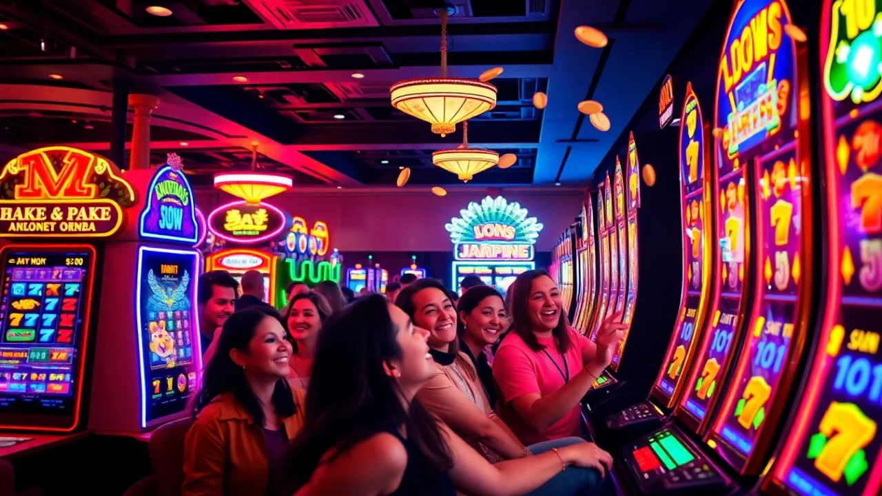 Players celebrating a big win on a nổ hũ slot machine in a vibrant casino.