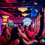 Players celebrating a big win on a nổ hũ slot machine in a vibrant casino.
