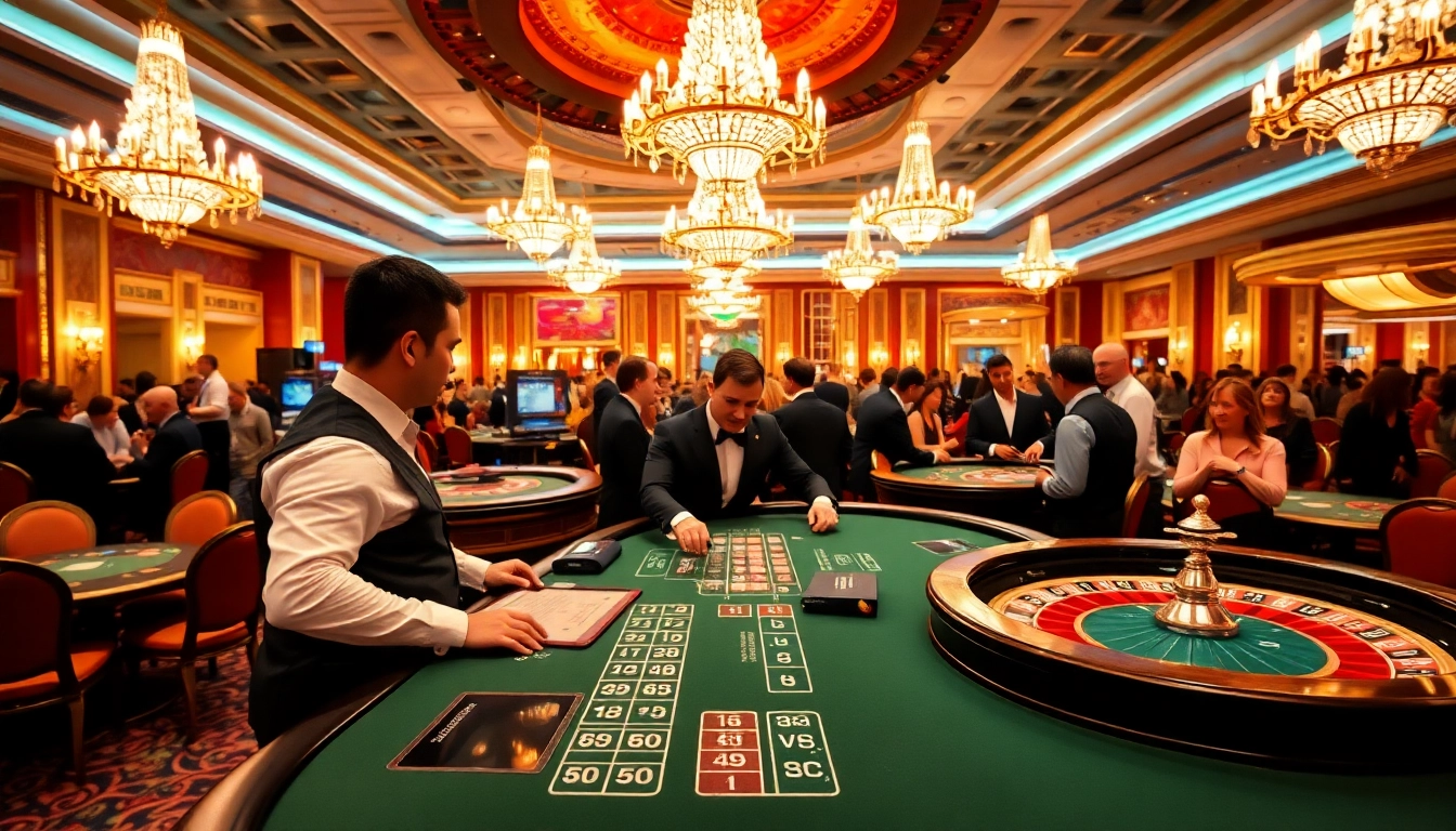 Découvrez un casino en ligne fiable avec des jeux élégants et une atmosphère animée sous des lumières dorées.