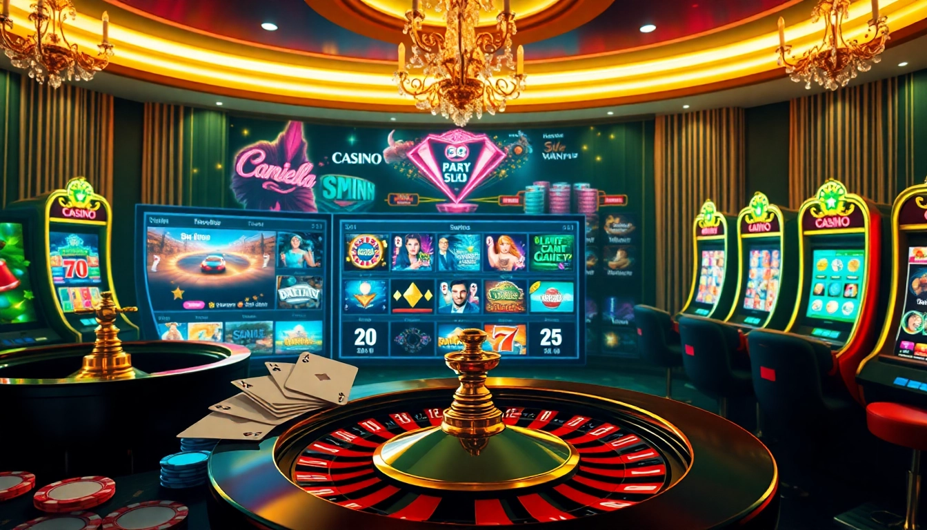 Représentation visuelle d'un casino fiable en ligne animé avec des roues de roulette, des jetons de poker et des machines à sous dans une atmosphère élégante.