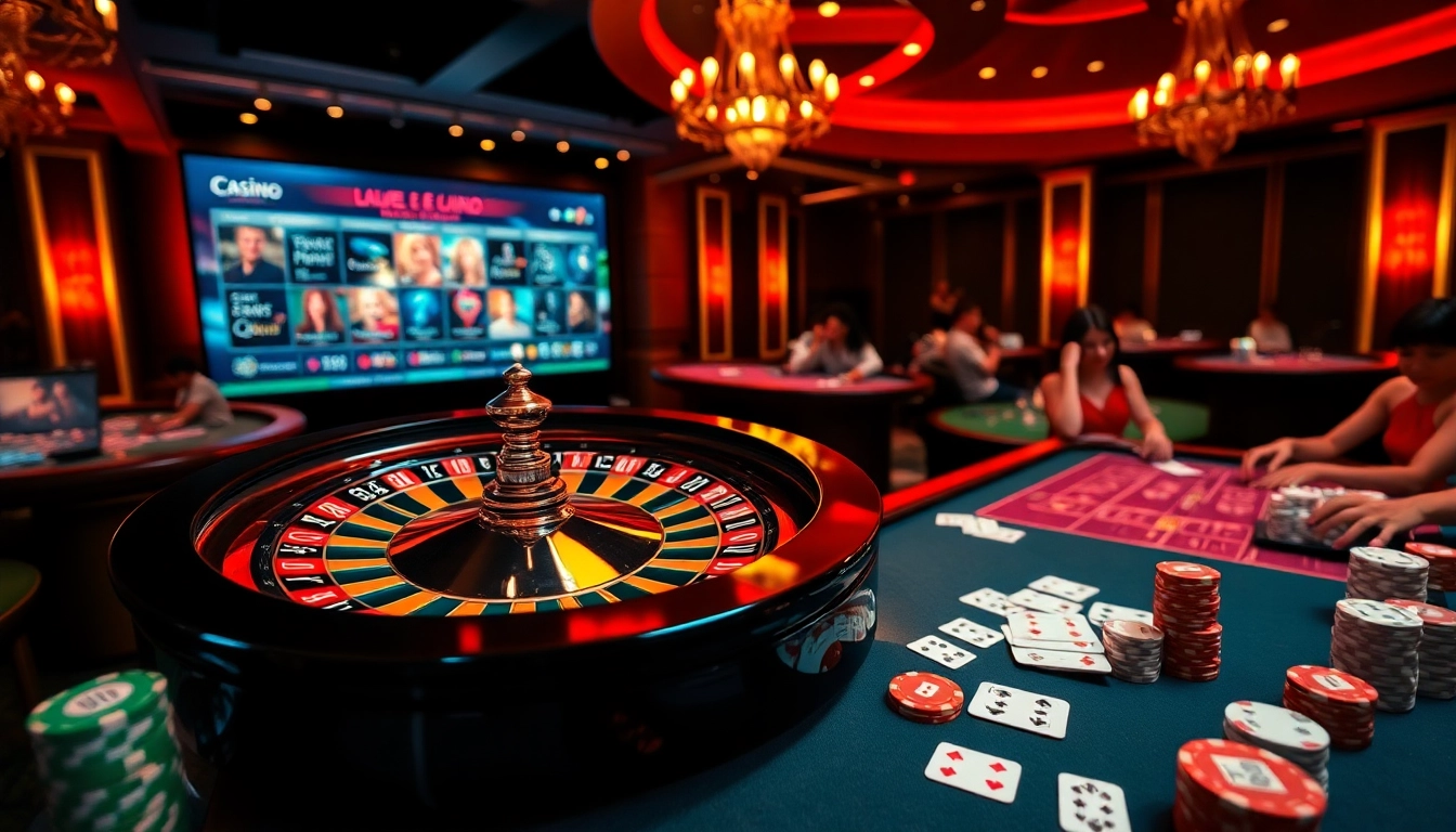 Exciting casino en ligne scene featuring roulette, poker chips, and vibrant gaming action.