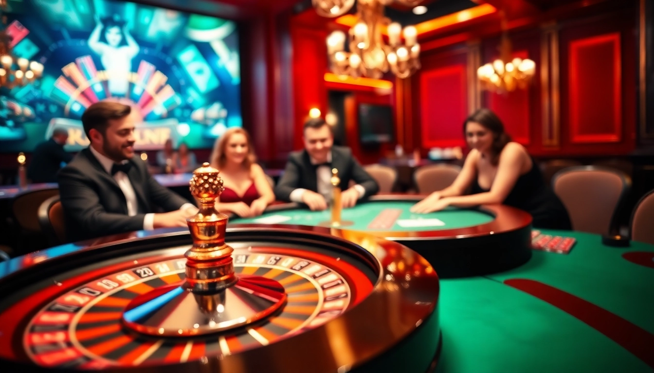 Découvrez le monde dynamique du casino en ligne Français avec des joueurs se divertissant autour d'une table de jeu élégante.