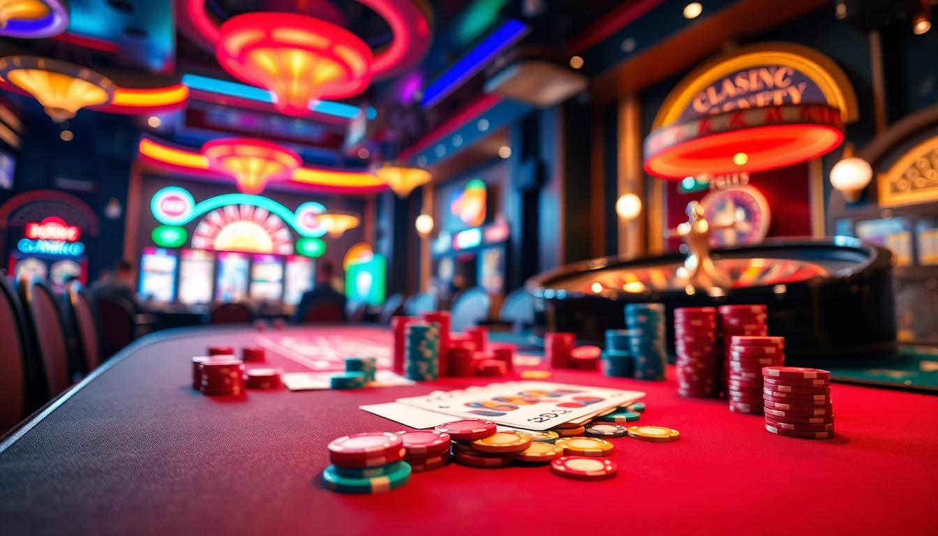 Profitez d'une expérience immersive au meilleur casino en ligne avec une table de jeux élégante et des jetons colorés.