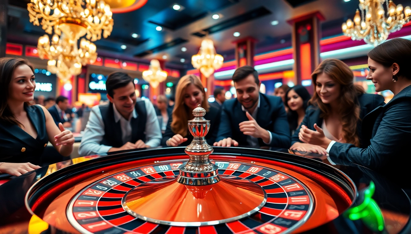 Joueurs passionnés autour d'une table de roulette dans un casino en ligne vibrant.